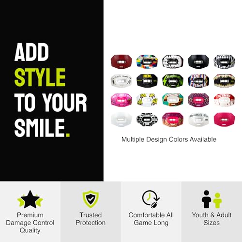 DAMAGE CONTROL Youth Football Mouth Guard – Blurr | Heavy Duty, Breathable No Boil Mouthpiece, Maximum Airflow, Protects Lips & Teeth, Works with Braces, Includes Helmet Strap - color: Blurr