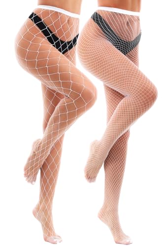 VEBZIN 2 Style Mesh Fishnet Stockings Tights High Waist Fishnets Tights for Women - color: Large & Middle Mesh-white