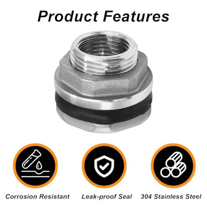 Murtenze 1/2" Bulkhead Water Tank Connector, Stainless Steel Water Tank Fitting Thru-bulk Adapter, Water Pipe Connector for Rain Barrels/Aquariums/Water Tanks - size: 0.5 Inch