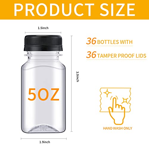 Nuogo 36 Pack 5 oz Plastic Juice Bottles Bulk with Lids Reusable Transparent Clear Drink Containers Caps Mini Bulk Beverage Water Bottle with Funnel and Brush for Juicing Milk Drinking(Black Lid) - color: Black Lid