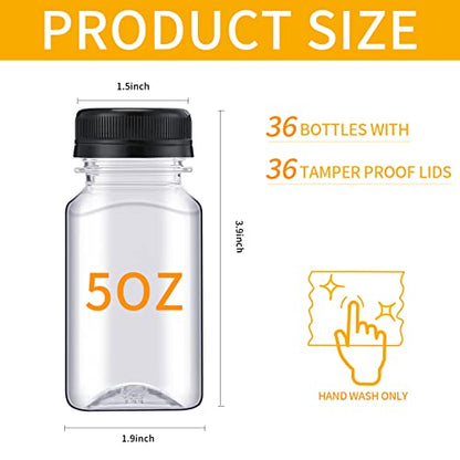 Nuogo 36 Pack 5 oz Plastic Juice Bottles Bulk with Lids Reusable Transparent Clear Drink Containers Caps Mini Bulk Beverage Water Bottle with Funnel and Brush for Juicing Milk Drinking(Black Lid) - color: Black Lid
