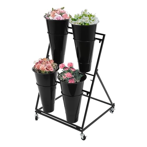 Flower Display Stand with 4 Buckets, 2 Layers, Cut Flowers Shelf Display Holder for Outdoor, Indoor, Patio, Garden, Living Room, Florist, Black - style: 2 Layers 4 Buckets Black