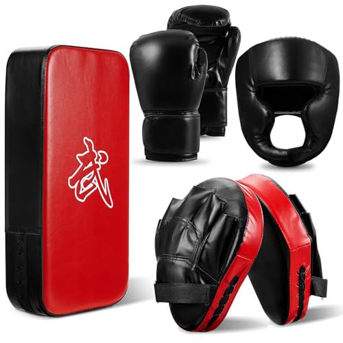 Foilswirl 5-in-1 Kids Boxing Pads Gloves Kick Punching Mitts Set with 1 Pair of Gloves, 2 Pcs Pads Taekwondo Kick Pad and Head Guard for Youth Beginner Training Kickboxing Karate Thai - color: Black, size: 12 oz