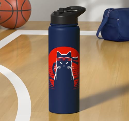 Japanese Cats Lovers And Cool Fighting Ninja Cat Fighter Stainless Steel Insulated Water Bottle - color: Navy Blue
