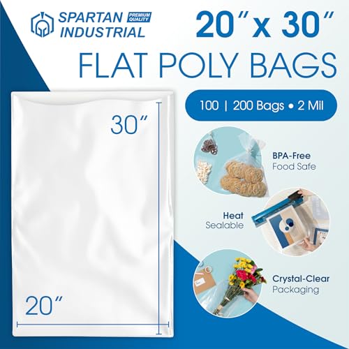 20" X 30" Open-End Flat Poly Bags (100 Count) No Adhesive Strip - 2 Mil Clear Bags for Packaging, Shipping, Storage - Spartan Industrial - size: 20" X 30"