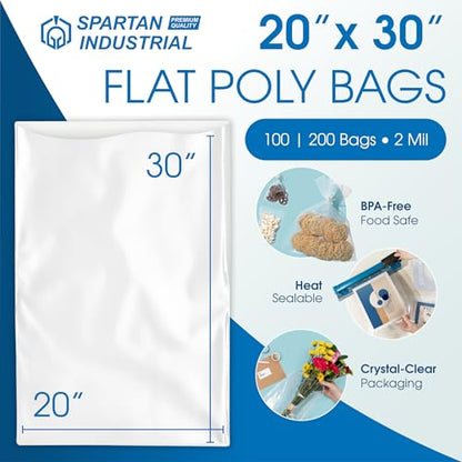 20" X 30" Open-End Flat Poly Bags (100 Count) No Adhesive Strip - 2 Mil Clear Bags for Packaging, Shipping, Storage - Spartan Industrial - size: 20" X 30"