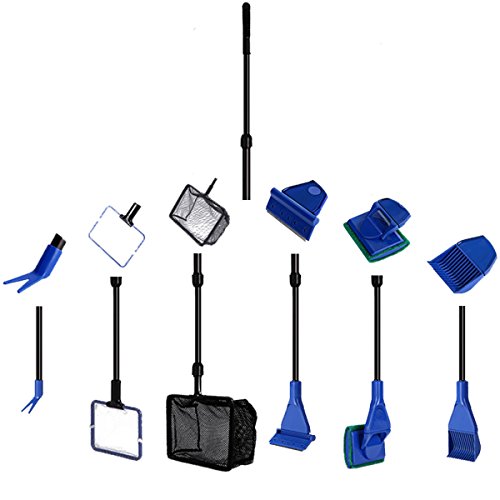 Aquarium Cleaning Tool Set, Fish Tank Cleaning 6-in-1 Set with Nets, Sponge Brush, Plant Fork, Scraper, Rake