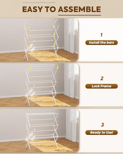 KINGBOARD 3-Tier Extendable Clothes Drying Rack, Small & Foldable, White | 37.4"H x 33.8"W x 11.2"D, Space-Saving Collapsible, Easy Assembly, Rust-Resistant Iron Frame, Indoor Outdoor Use, 25lb - color: White
