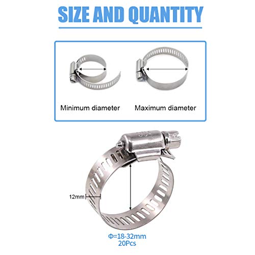 Glarks 20Pcs 304 Stainless Steel Adjustable 18-32MM Range Worm Gear Hose Clamps Assortment Kit, Fuel Line Clamp for Water Pipe, Plumbing, Automotive and Mechanical Application (18-32MM)