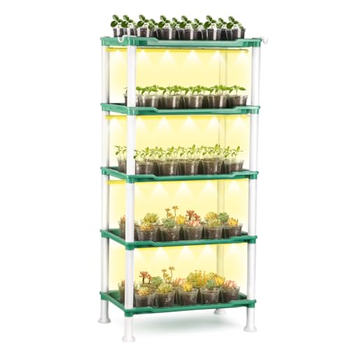 RooTrimmer Seed Starter Tray Unit, 5-Tier Plant Stand with 4 LED Grow Lights & 90 Pack 2.5 Inch Clear Nursery Pots – for Indoor Gardening, Herb, Seedling Kits & Small Greenery