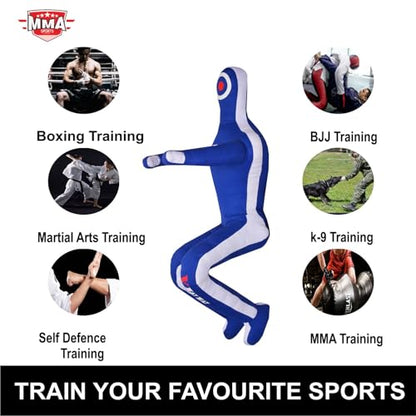 Kids Grappling Standing Dummy - Unfilled – Wrestling, Jiu-Jitsu, MMA Training Dummy with Moveable Arms and Legs – Durable Polyester Fabric - color: Blue-Sit, size: 6 ft-72 Inch