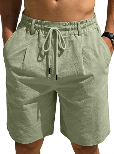 Men's Cotton Linen Shorts 2026 Summer Casual Elastic Waist Drawstring Beach Vacation Yoga Golf Shorts with Pockets - color: Army Green, size: X-Large