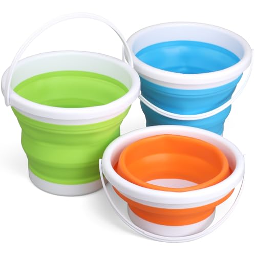3L Jumbo Foldable Buckets, Sand Beach Toy Silicon Pails for Kids Adults, Collapisible Water Buckets Sandbox Kit Tool Multi Use for Outdoor, Cleaning Washing, Camping, Traveling, Towels, Picnic 3 Pack - style: Round