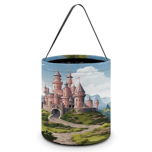 Halloween Trick Or Treat Bags With Handles Collapsible Candy Bucket Reusable Fairy Tale Castle Printed Goody Bucket For Holiday Party Gifts - color: Fairy Tale Castle