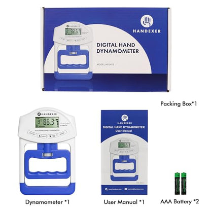 Digital Grip Strength Tester, 198 lb Hand Dynamometer, Blue | 198 lb Capacity; 0.2 lb Increments; 19 User Profiles; Adjustable Handle; LCD Display; For Sport and Rehab