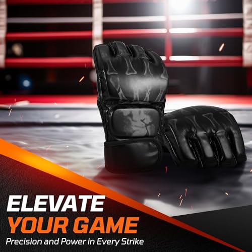 Flexzion MMA Gloves Fingerless Boxing Gloves for Men Women and Teen Youth, UFC Grappling Krav MAGA Kickboxing Gloves for Training Punching Bag Muay Thai Hitting Mitts Cutoff Martial Art Gloves - color: Black
