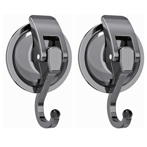2 Pack Suction Cup Hooks for Shower, Bathroom, Kitchen, Glass Door, Mirror, Tile – Loofah, Towel, Coat, Bath Robe Hook Holder for Hanging – Waterproof Wreath Hanger (2Pack, Gun-Grey)