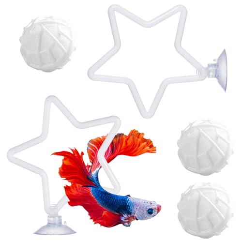2 Pcs Betta Fish Exercise Ring and 3 Pcs Filter Balls, Betta Ring Enrichment Toys with Suction-Cup, Aquarium Fish Feeding Rings for Decor