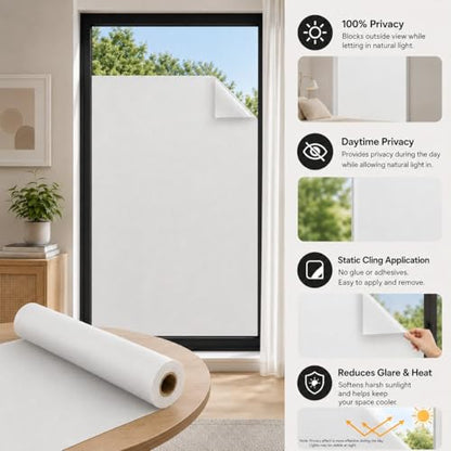 Window Darkening Film Static Cling Window Film Non Adhesive Frosted Glass Film Sun Blocking Room Privacy Window Tint for Home Office Bathroom - color: White