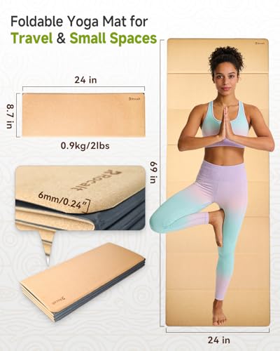 Rocalt Foldable Cork Yoga Mat, Non Slip Travel Pilates Workout Mat