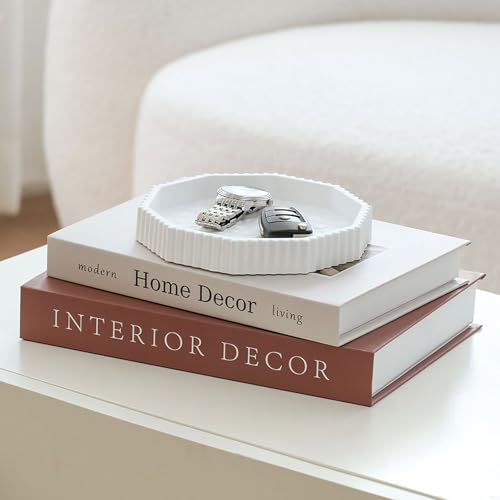 Decorative Plaster Tray & Book Decor Set - Scalloped Tray & Decorative Books Box Enhance Coffee Table or Bookshelf Decor - Modern Home Decoration for Living or Dining Room & as Housewarming Gift