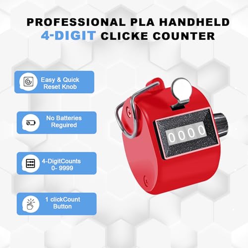 TESEAS Clicker Counter Handheld Tally Counter 4-Digit Number Counter, 2 Pack Hand Mechanical Counters Clickers Pitch Umpire Click Counter for Coaching, Knitting, People, Lap, Fishing, Golf, - color: 2pc red blue