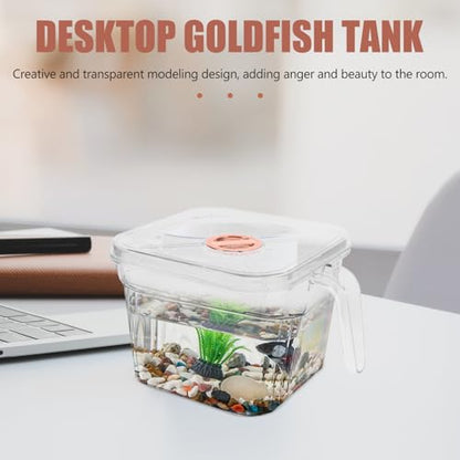 Happyyami Transparent Tank with Lid and Handle Shatterproof Small Aquarium for Desktop for Betta and Easy to Clean and Maintain