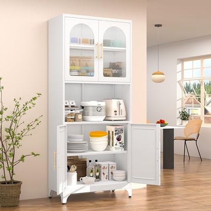 Metal Kitchen Pantry Storage Cabinet，75" Tall Storage Cabinets with 4 Doors and Adjustable Shelves ，White Hutch Cabinet with Microwave Stand,Large Kitchen Cupboard for Dining Room