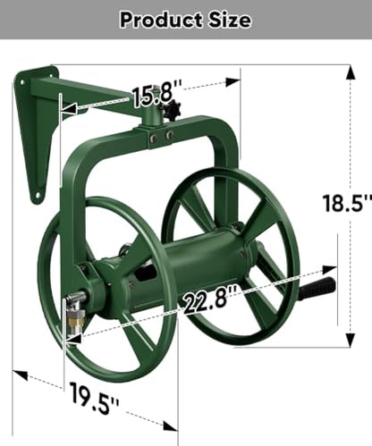 Rotating 360° Garden Hose Reel, Wall Mounted Hose Reel Holder Holds 165ft of 5/8'' Hose, Outdoor Heavy Duty Metal Water Hose Organizer Storage Rack with 3.9ft Leader Hose for Outside, Green