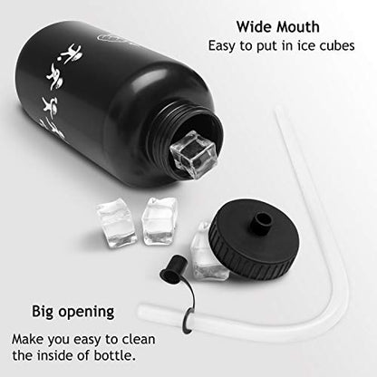 Hockey Water Bottles with Long Straw, Fit for Football Lacrosse Gym Sport, Plastic Squeezable Leakproof BPA Free, No Strange Smell, Easy to Clean, 1 Liter 32 oz (3 Straw Caps) (black) - color: black