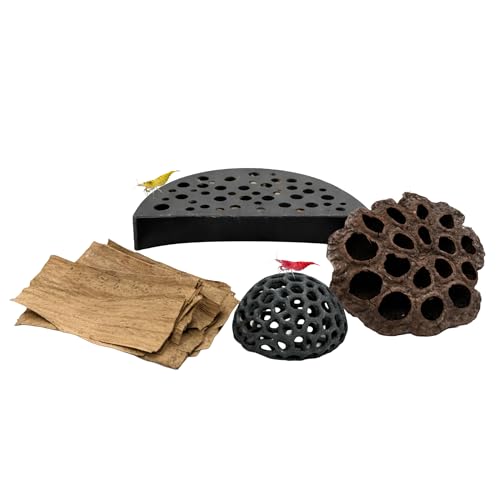 Shrimp Breeding & Natural Habitat Kit – Dome Cave, Breeder Protector, Lotus Pod & 5 Banana Leaves for Tannin Release, Biofilm Growth & Aquarium Enrichment | 8 Pack