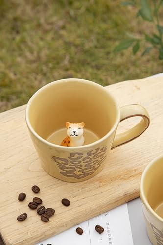 DIHOclub Leopard Coffee Cup Ceramic 3D Wild Animal Inside Mug,Cute Cartoon Handmade Figurine Mugs,Holiday and Birthday Gift for Coffee Milk Tea Lovers,12 OZ (Yellow Leopard) - color: Yellow Leopard