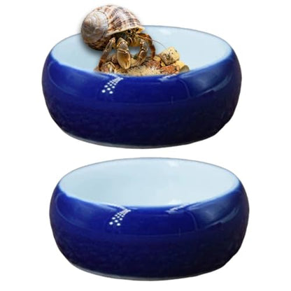 2 Pack Ceramic Hermit Crab Food Bowl Hermit Crab Food Dish Reptile Water Dish Aquarium Accessory for Turtle Bearded Dragon Lizard Gecko Tortoise (Blue, Round)