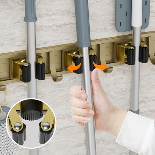 reliahom Broom Holder Wall Mount Mop Hanger Tools organizer 5Racks 4Hooks - color: Bronze