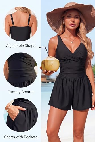 Smismivo Women's Tummy Control One Piece Swim Romper V Neck Swimsuit - color: Black, size: Medium