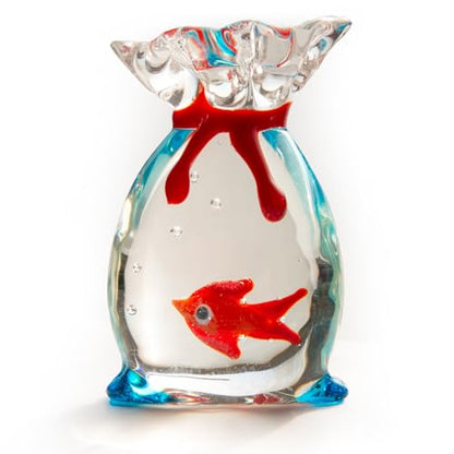 Hand-Blown Glass Goldfish in Bag Figurine, 2" Miniature Red/Orange Fish with Clear Water Texture, Cute Lampwork Animal Sculpture, Kawaii Desk Accessory & Aquarium Decor