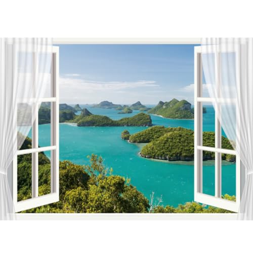 6x4ft Window Scenery Backdrop Ocean View Natural Scenery Photography Background Holiday Home Decor Photo Booth Props - size: 6x4ft