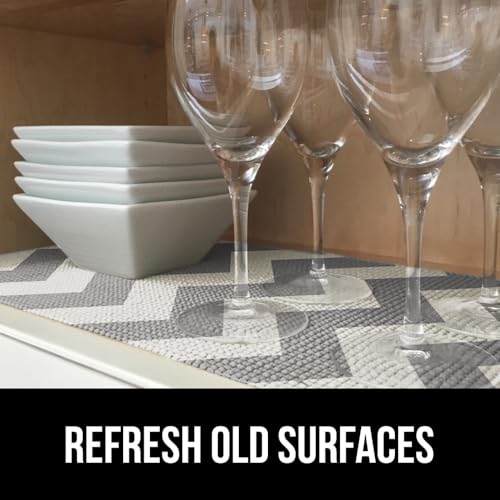 GORILLA GRIP powerGRIP Drawer Shelf and Cabinet Liner, Thick Strong Hold, Non-Adhesive Liners Protect Kitchen Cabinets and Cupboard, Bathroom Drawers, Easy Install, Breathable Mat, 12" x10' Gray White - color: Chevron: Gray/White, style: 12" x 10'