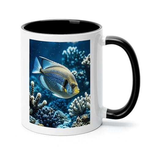 Ocean Fish Ceramic Coffee Mug 11oz with Black Handle Colored Inside Thick Non-Slip Base Heat Transfer Friendly Tea Cup Ideal for Hot Drinks Home Office And Gifting