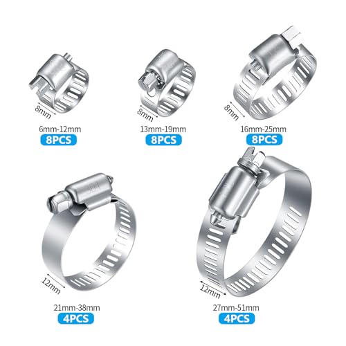 Stainless Steel Hose Clamps Assortment Kit, 32 Pack Adjustable 1/4-2 Inch (6-51mm) Worm Gear Pipe Hose Clamps, Heavy Duty Fuel Line Hose Clips for Plumbing, Automotive, Mechanical Applications