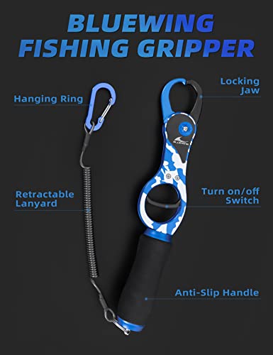 BLUEWING 10 Inch Fishing Gripper 1pc Aluminum Alloy Fish Lip Catcher Grabber with Coiled Lanyard