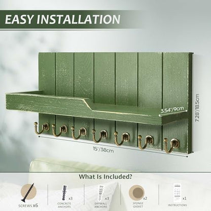 Rebee Vision Key Holder Wall Mount with Shelf &7 Hooks for Entryway, Green - color: Green, size: 15 inches