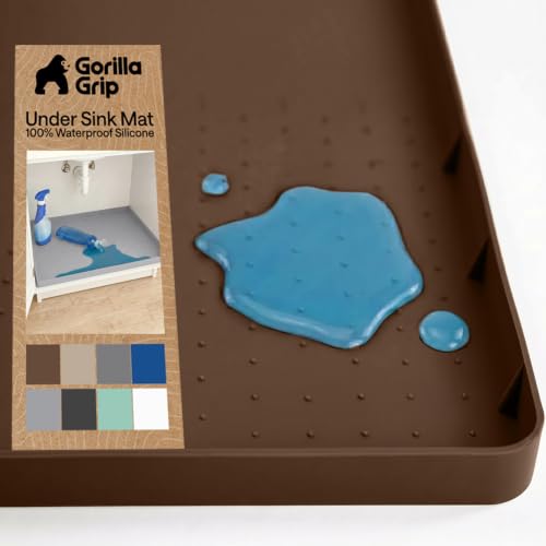 GORILLA GRIP Waterproof Silicone Under Sink Mat with Raised Lip for Kitchen and Bathroom, Cabinet Shelf Liner Stay in Place Mats Dishwasher Safe Drawer Liner, Organizer Tray, 15 x 22 in, Coffee - color: Coffee, size: 15"w X 22"l