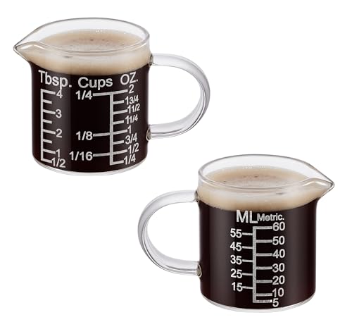 Ackers Etching Scale Measuring Glass -[Insulated handle | V-Shaped Spout]-Made of High Borosilicate Glass Measuring for Kitchen or Restaurant, Easy to Read, 60 ML (2 Oz) 丨(2 Pack) - size: 60 ML (2 Oz, 1/4 Cup) - Etching Scale