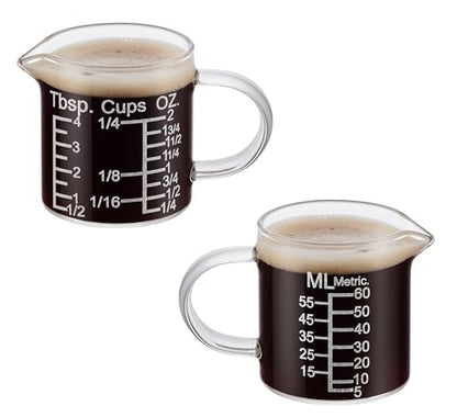Ackers Etching Scale Measuring Glass -[Insulated handle | V-Shaped Spout]-Made of High Borosilicate Glass Measuring for Kitchen or Restaurant, Easy to Read, 60 ML (2 Oz) 丨(2 Pack) - size: 60 ML (2 Oz, 1/4 Cup) - Etching Scale