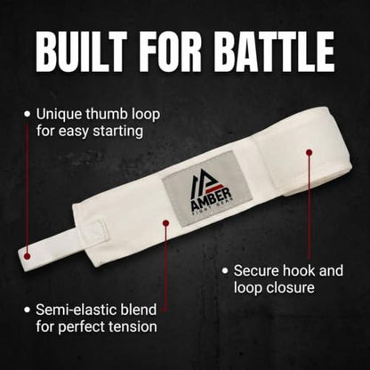 Amber Fight Gear Semi Elastic Professional 180-Inch Hand Wraps with Hook and Loop Closure for Boxing Kickboxing Muay Thai MMA for Men and Women - color: White