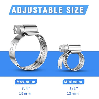 12PCS Adjustable Hose Clamps, 304 Stainless Steel Worm Gear Clamp, 1/2"-3/4"(13-19mm), Rolled Edge No Perforations, Heavy Duty Reusable Pipe Clamp for Home, Auto, Industrial, Garden, Boat, Marine - size: 1/2" hose clamp to 3/4" hose clamp