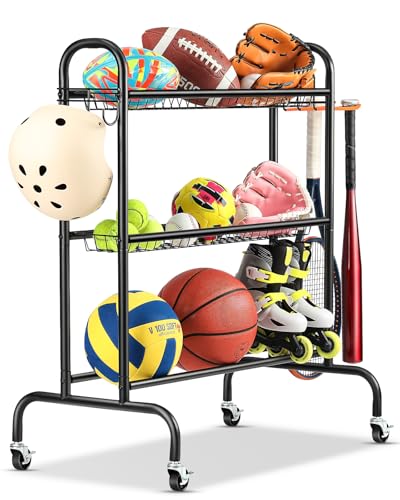 EXTCCT Basketball Rack with Wheels, 3 Tier Garage Ball Storage Organizer | Heavy duty rolling balls cart with two basket storage, ball holder, Sports equipment organized for outdoor, indoor, Black - color: Small Black