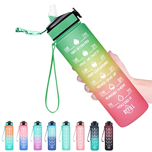Hyeta Water Bottle with Straw & Time Marker, Plastic 32oz Leakproof - color: Signal Lights