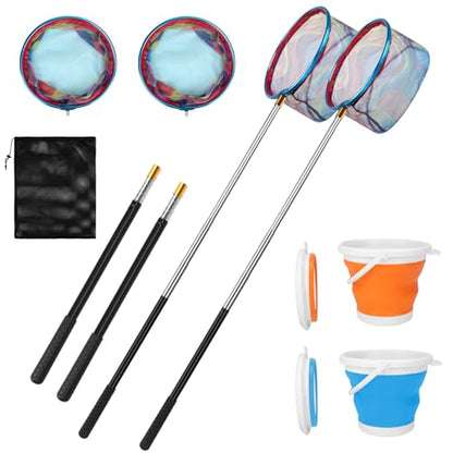 Kids Fishing Net, 2 Pack Telescopic Fishing Landing Net with Aluminum Pole Handle for Kids, Collapsible Bucket Kids Sand Pail, Fishing Net Butterfly Nets for Kids, Outdoor Playing